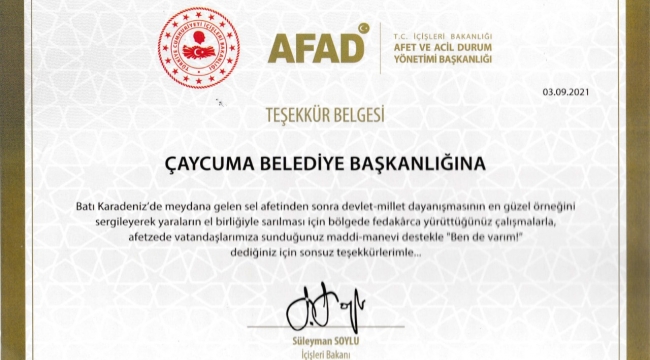 Bakan Soylu’dan Çaycuma Belediyesine teşekkür