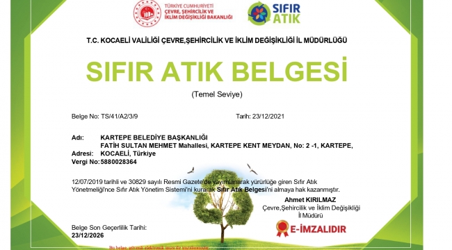 KARTEPE BELEDİYESİ “İLÇE SIFIR ATIK BELGESİ” ALDI