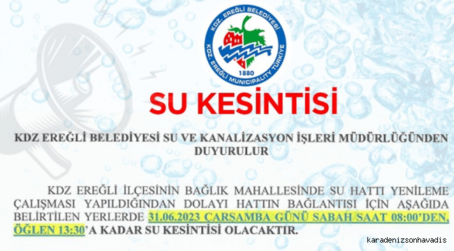 Bağlık Mahallesi’nde Çarşamba günü su kesintisi yapılacak