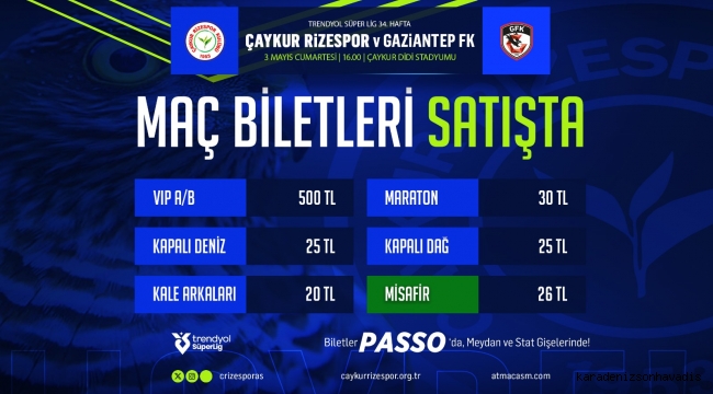 Çaykur Rizespor - Gaziantep FK Maçı Biletleri Satışa Çıktı